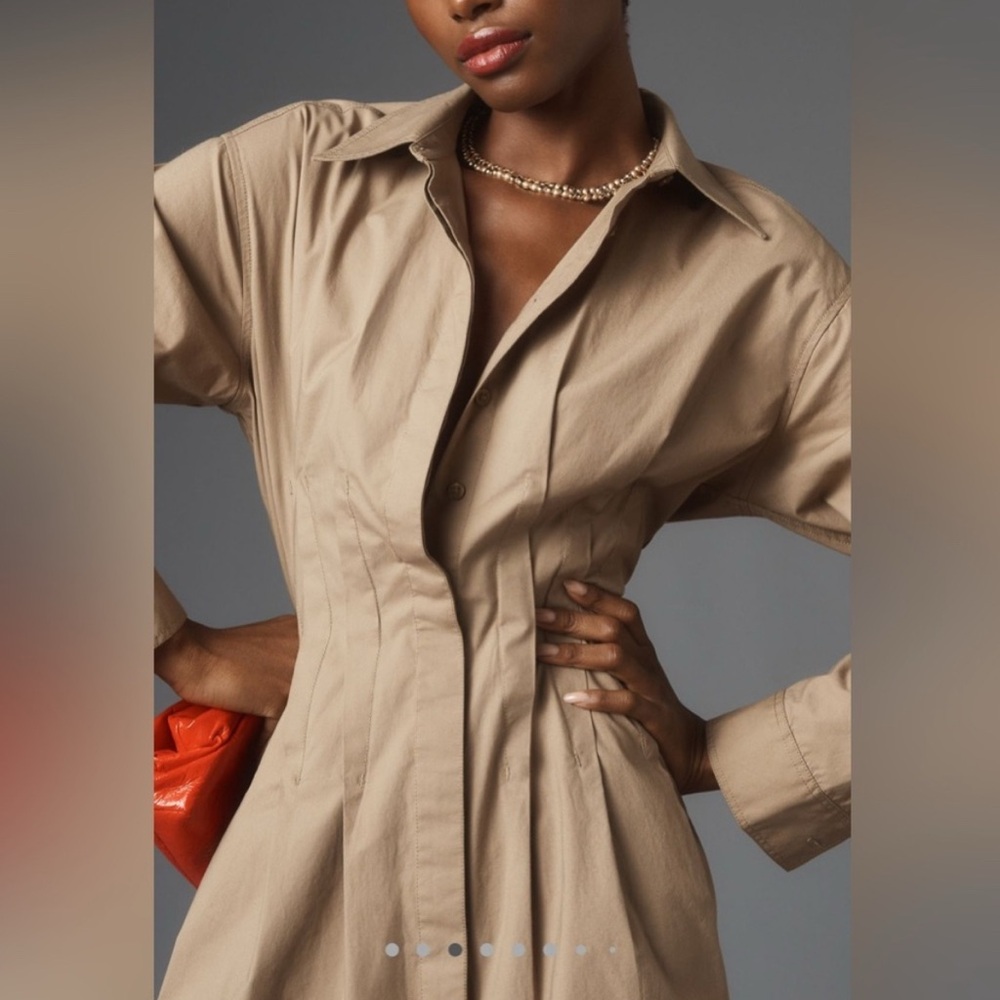 NEW Anthropologie Pilcro Pintuck Mini Shirt Dress Khaki Beige Small Button Front - Picture 2 of 15